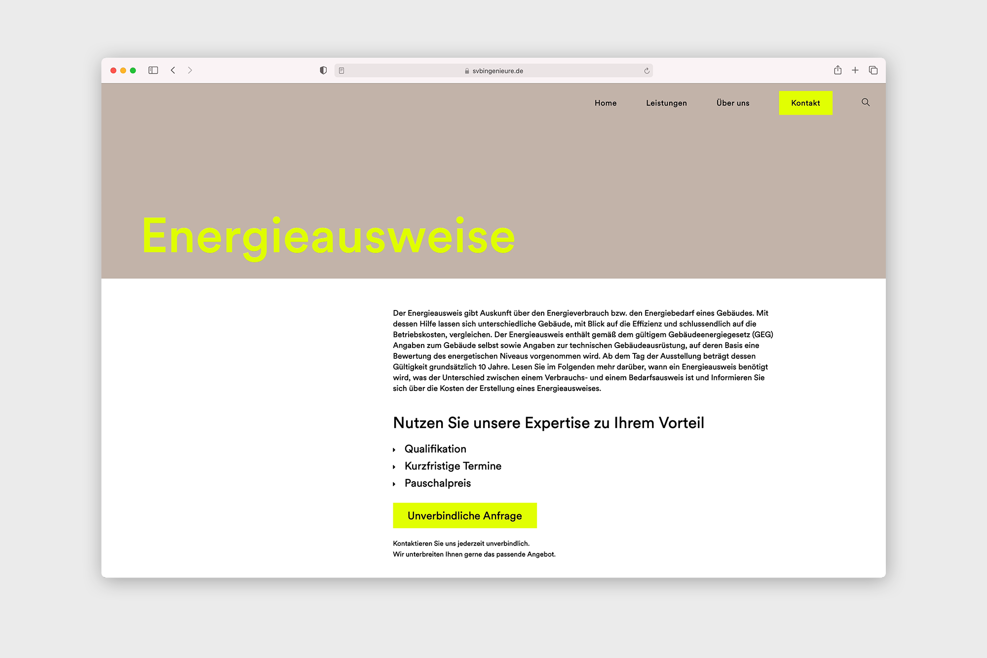 Gestaltung Website Unterseite über Energieausweise